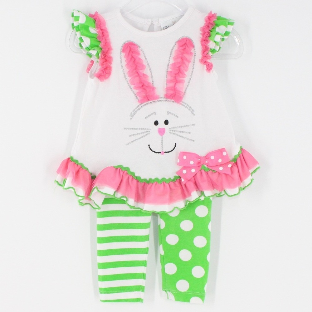 Rare Editions Bunny Easter Outfit Set 3-6M White Green Pink 2pc Leggings Tunic